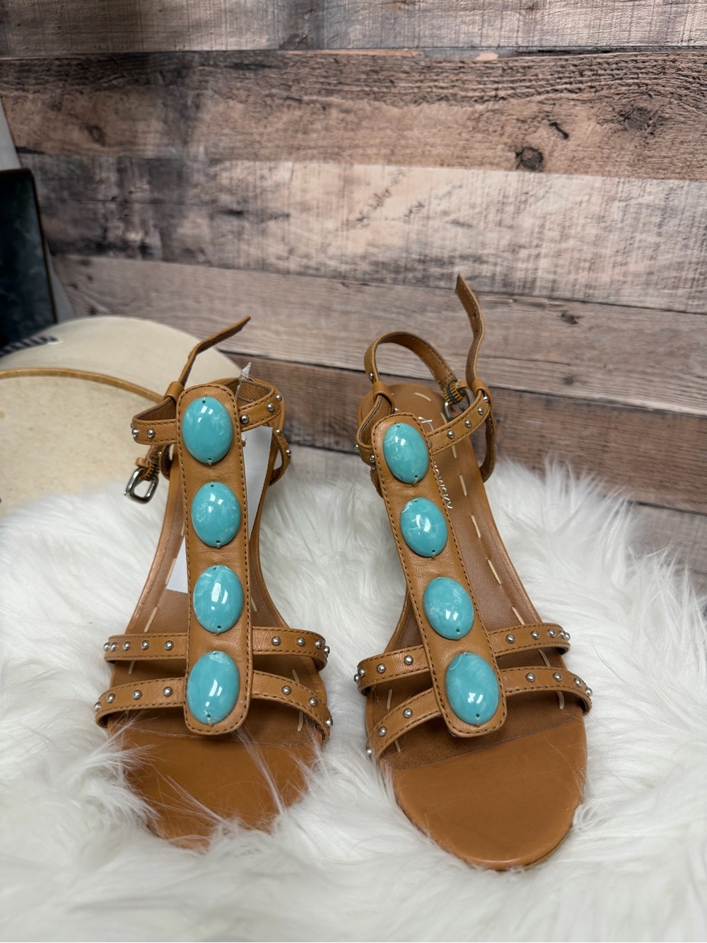 B. Makowski Tan Sandal w/ Turquoise Bead Detail 9
